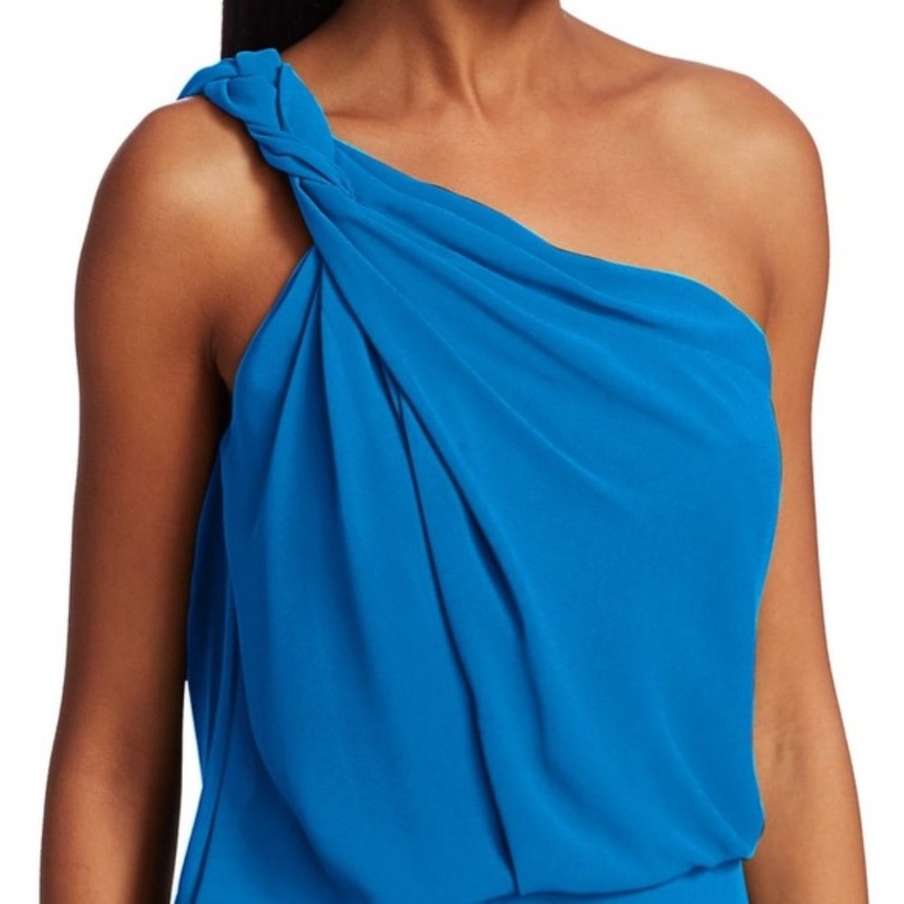 NWT* Halston One Shoulder Braided Strap Summer Chic Mini Dress in Wave Blue - Picture 2 of 11